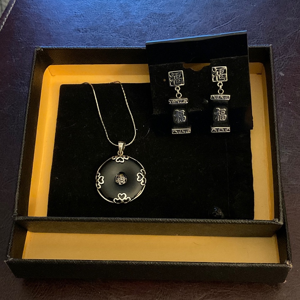 925 Silver Asian Pendant Necklace and Earrings Set - Women Jewelry